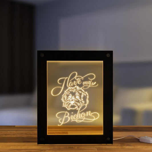 I Love My Bichon Wood LED Night Light  Photo Custom Text Display Frame  Puppy Dog Pet Owner Memorable by Woody Signs Co. - Handmade Crafted Unique Wooden Creative