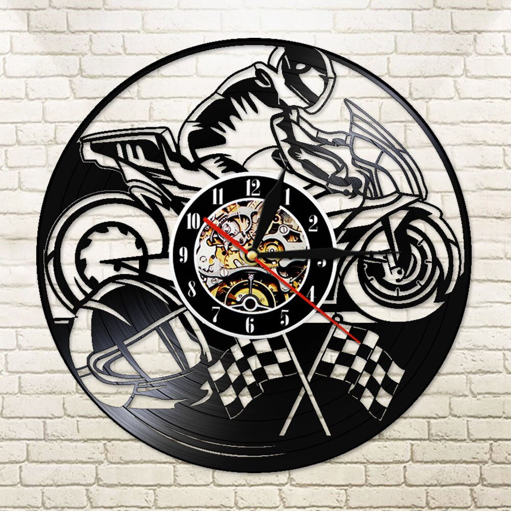 Motorcycle Vinyl Record Wall Clock Motorbike  Clock Motorcyclist Racer Riders Gift Home Art Modern Wall Hanging Decor by Woody Signs Co. - Handmade Crafted Unique Wooden Creative