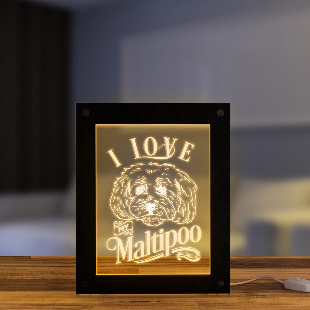 I Love My Maltipoo Maltese Poodle Mixed Breed Dog Acrylic LED Edge Lit Wooden Picture Frame Kid Room Bedside Sleepy Night Light by Woody Signs Co. - Handmade Crafted Unique Wooden Creative