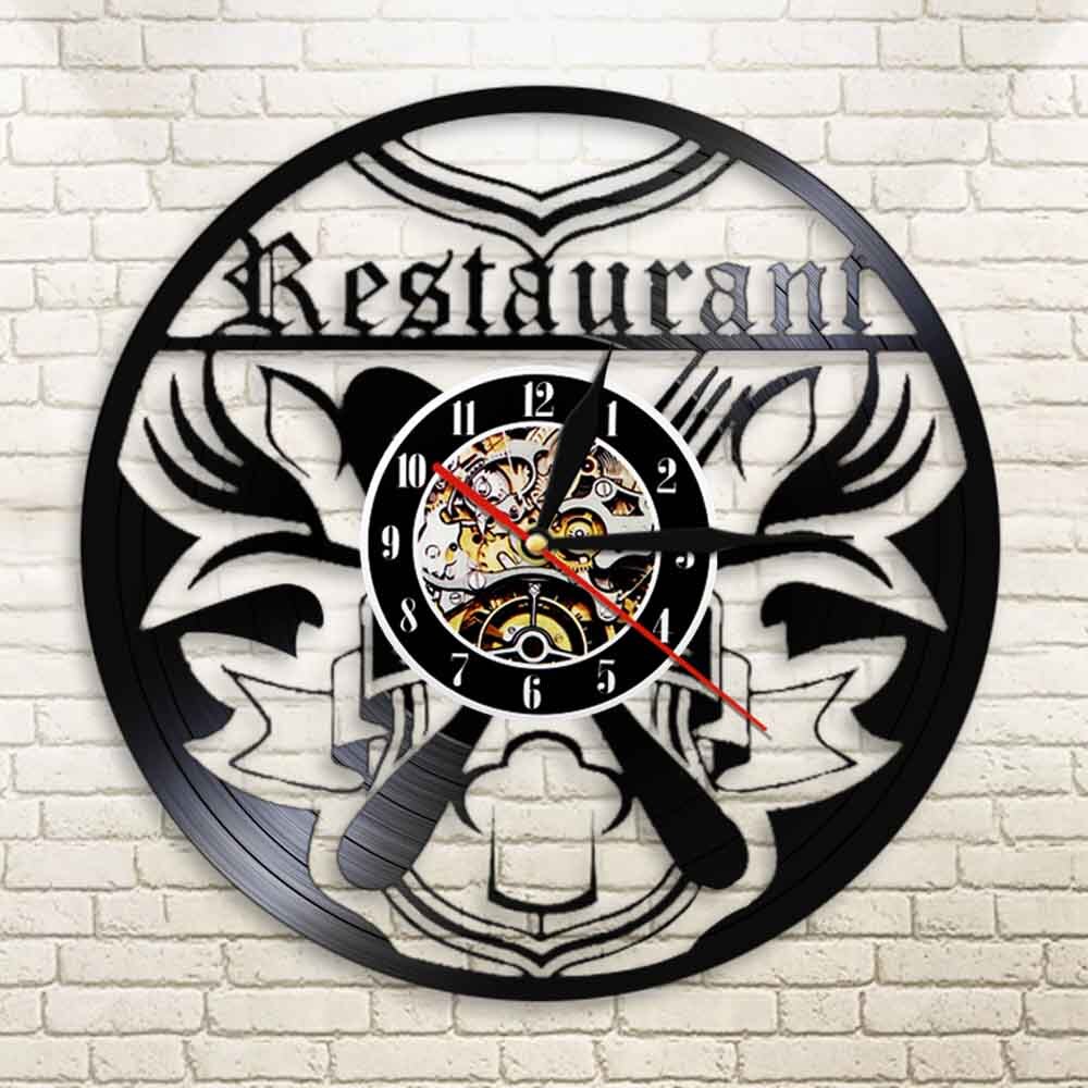 Restaurant Business Sign  Clock Kitchen Vinyl Record Wall Clock Eatery  Chef Foodie  Knife Fork Time Clock by Woody Signs Co. - Handmade Crafted Unique Wooden Creative