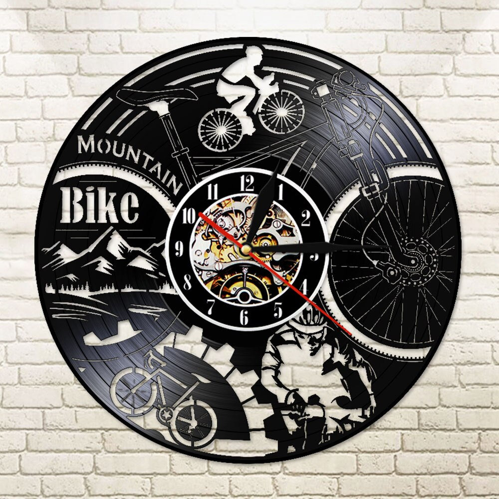 Mountain Bike Vinyl Record Wall Clock Mountain Biking Black Retro   Silent  Adventure Bicycle by Woody Signs Co. - Handmade Crafted Unique Wooden Creative