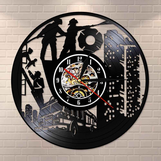 Fire Station Fire Department Vinyl Record Clock Watch Art First Responder Emergency Firefighter Fireman Room Décor by Woody Signs Co. - Handmade Crafted Unique Wooden Creative