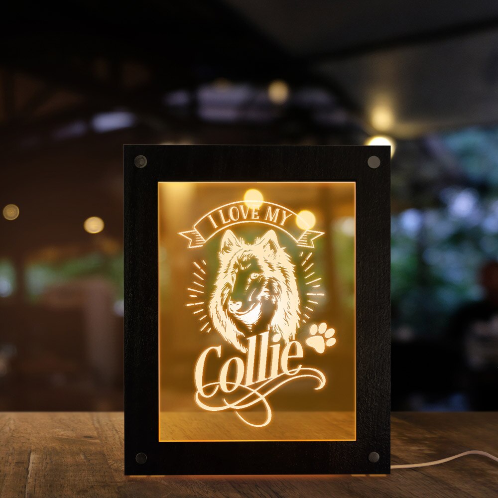 I Love My Collie  Photo Frame With LED Lighting Dog Breed Custom Text Logo LED Wooden Frame Kids Bedroom Night Lamp by Woody Signs Co. - Handmade Crafted Unique Wooden Creative