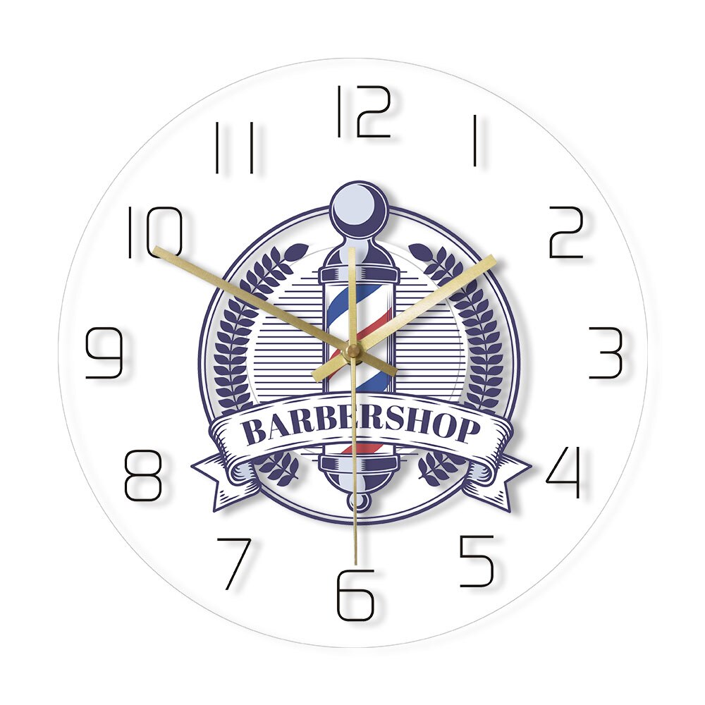 Barbershop Retro Badge Print Wall Clock Barber Shop Logo Modern Acrylic Wall Clock Male Hair Salon Barber Pole Wall Sign Clock by Woody Signs Co. - Handmade Crafted Unique Wooden Creative