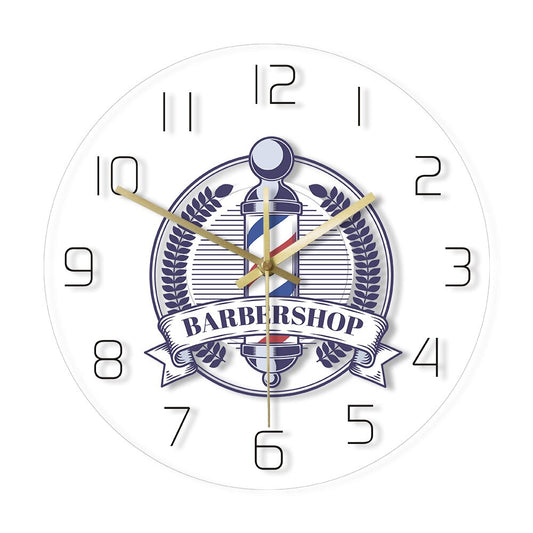 Barbershop Retro Badge Print Wall Clock Barber Shop Logo Modern Acrylic Wall Clock Male Hair Salon Barber Pole Wall Sign Clock by Woody Signs Co. - Handmade Crafted Unique Wooden Creative