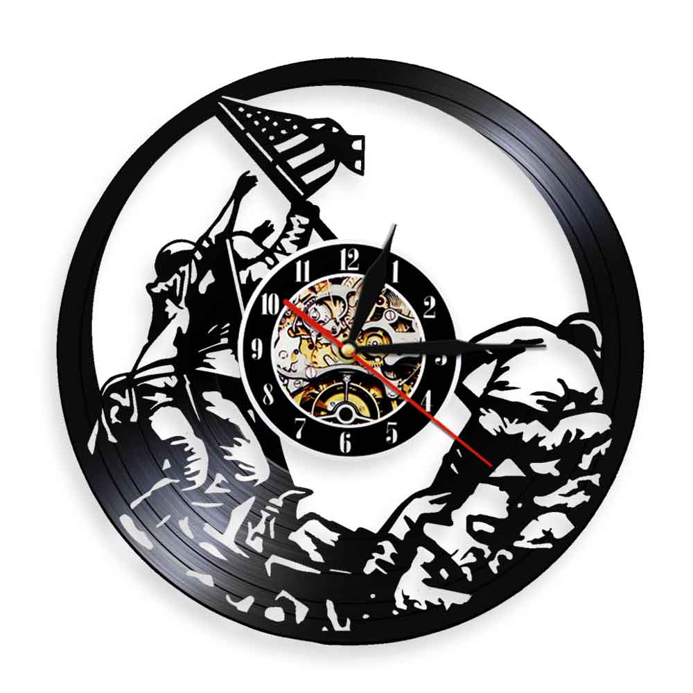 Marines Raising the Flag on Iwo Jima WWll  Wall Clock WW2 United States Flag Contemporary Vinyl Record Soldiers Clock by Woody Signs Co. - Handmade Crafted Unique Wooden Creative
