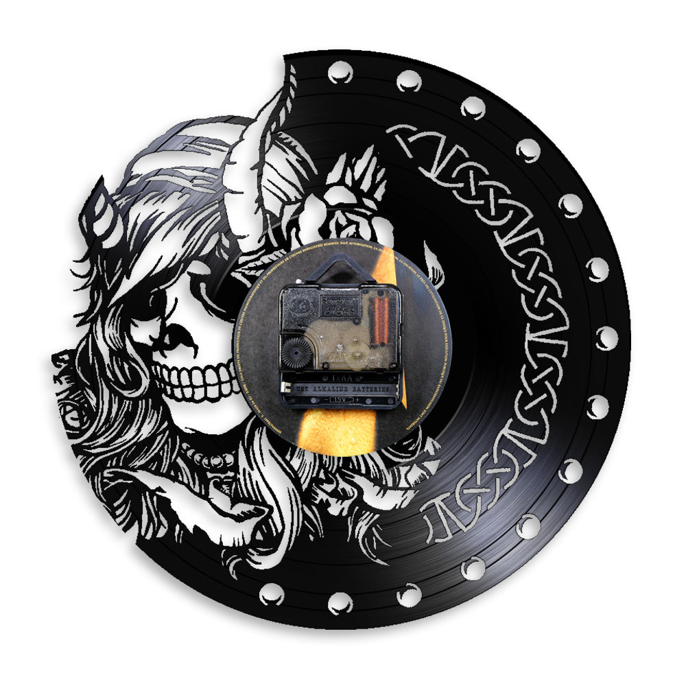 Mysterious Norse Magick Vinyl Record Mute Quartz Wall Clock Beauty Female Viking Skull Head Skeleton Girls Retro Hanging Watch by Woody Signs Co. - Handmade Crafted Unique Wooden Creative