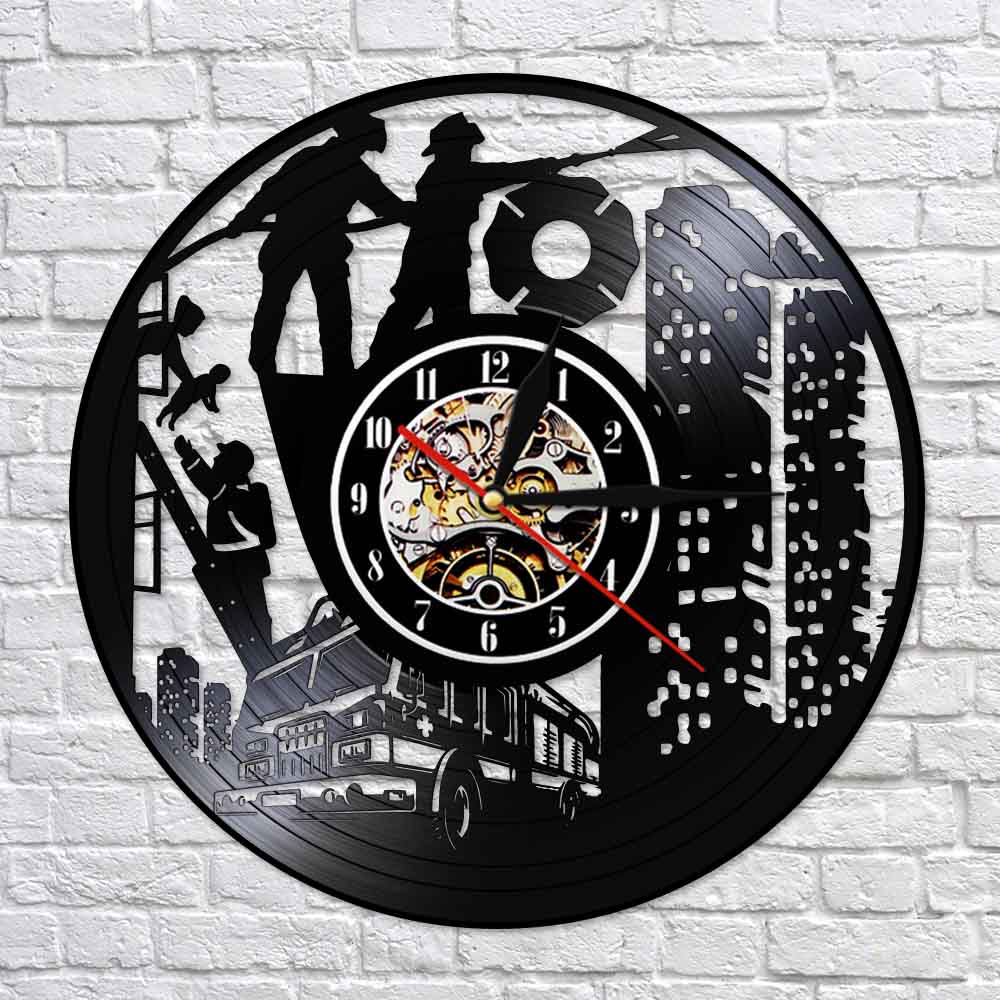 Fire Station Fire Department Vinyl Record Clock Watch Art First Responder Emergency Firefighter Fireman Room Décor by Woody Signs Co. - Handmade Crafted Unique Wooden Creative