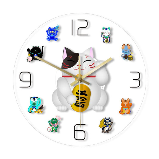 Maneki Neko Fortune Cat Cartoon Wall Clock Japanese Beckoning Cat Quiet Sweep  Cute Lucky Cat Timepiece by Woody Signs Co. - Handmade Crafted Unique Wooden Creative