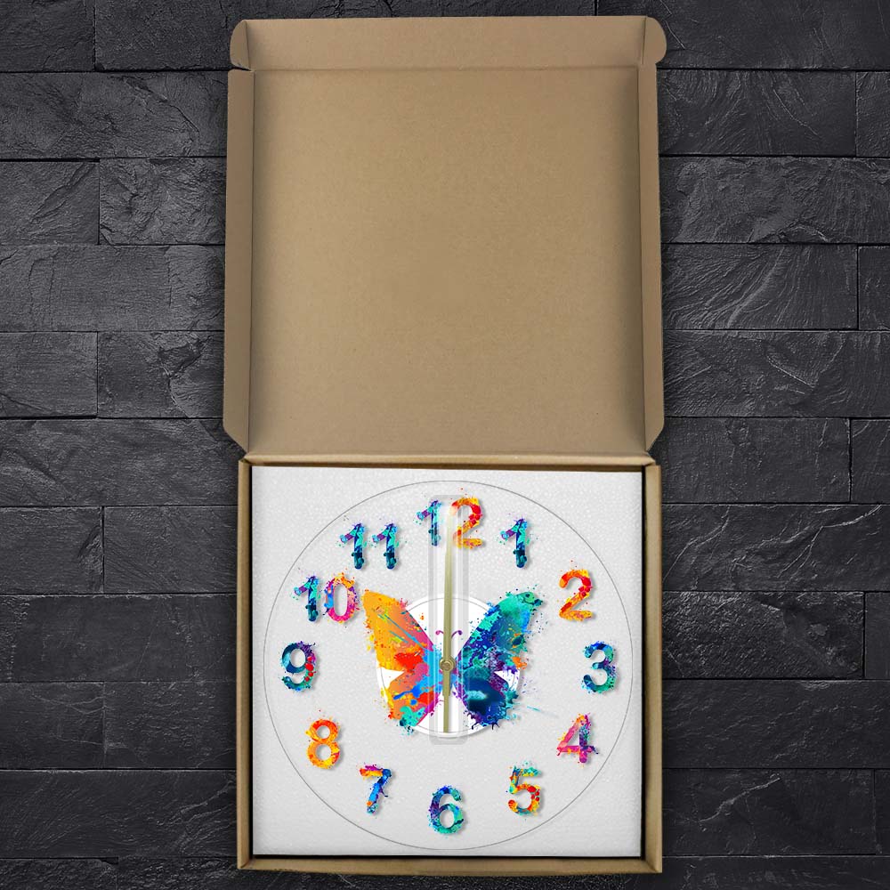 Colorful Numbers Modern Wall Clock Watercolor Butterfly Painting Art Hanging Timepiece Giclee Fine Art Print Silent Wall Clock by Woody Signs Co. - Handmade Crafted Unique Wooden Creative