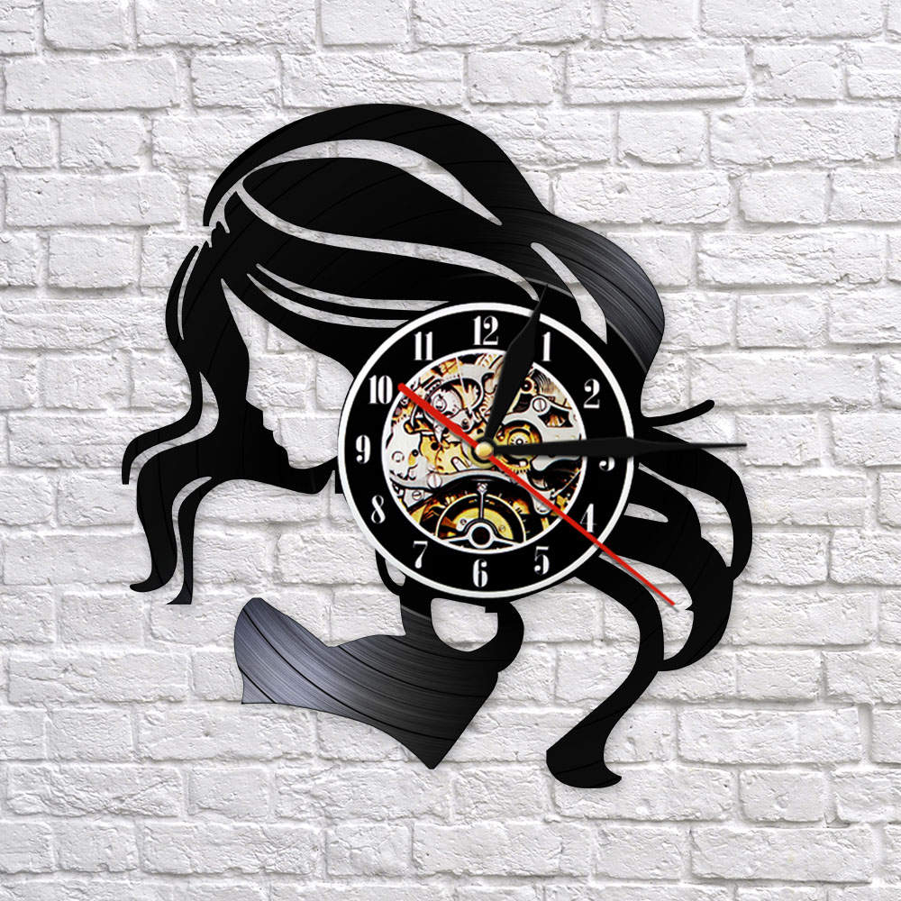 Beauty Lady Hair Salon Business Sign Retro Wall Clock Made Of Vinyl Record LP Hair Care Beautiful Woman Barber Wall Clock Watch by Woody Signs Co. - Handmade Crafted Unique Wooden Creative