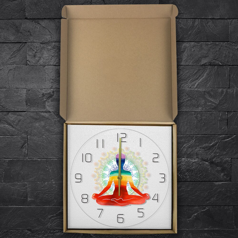 Rainbow Watercolor Meditation Spiritual Yoga Pose Modern Simple Wall Clock Healthy Zen Scale Round Style Non -Ticking Wall Clock by Woody Signs Co. - Handmade Crafted Unique Wooden Creative