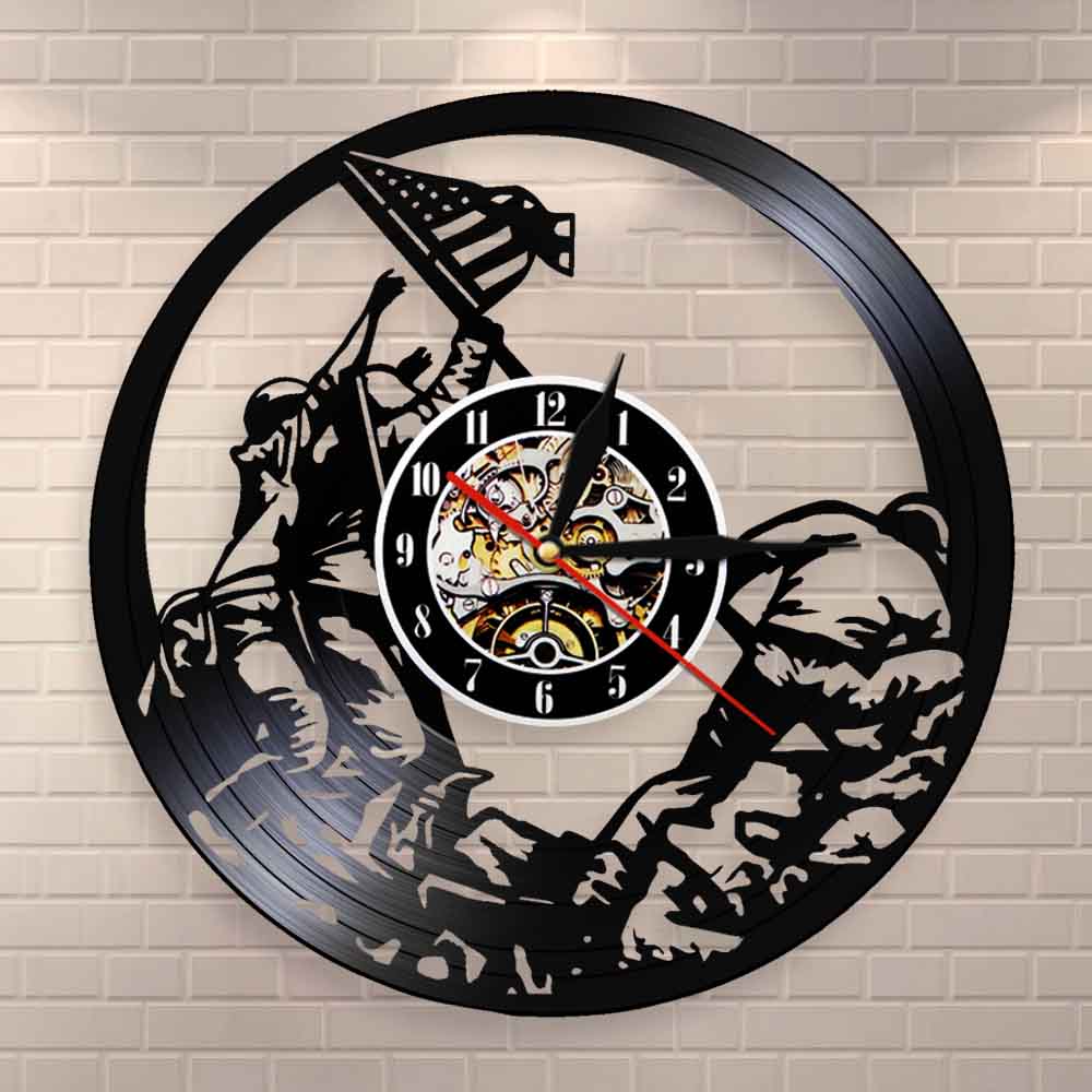 Marines Raising the Flag on Iwo Jima WWll  Wall Clock WW2 United States Flag Contemporary Vinyl Record Soldiers Clock by Woody Signs Co. - Handmade Crafted Unique Wooden Creative