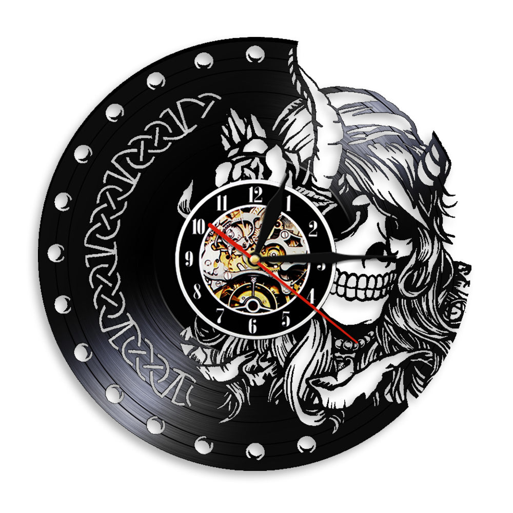 Mysterious Norse Magick Vinyl Record Mute Quartz Wall Clock Beauty Female Viking Skull Head Skeleton Girls Retro Hanging Watch by Woody Signs Co. - Handmade Crafted Unique Wooden Creative