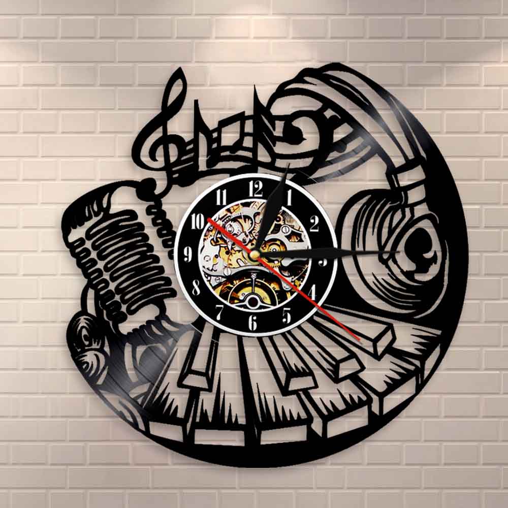 Musical Wall Clock Rock and Roll  Vinyl Record Clock Music Instrument Piano  Microphone Headset Vinyl Clock by Woody Signs Co. - Handmade Crafted Unique Wooden Creative