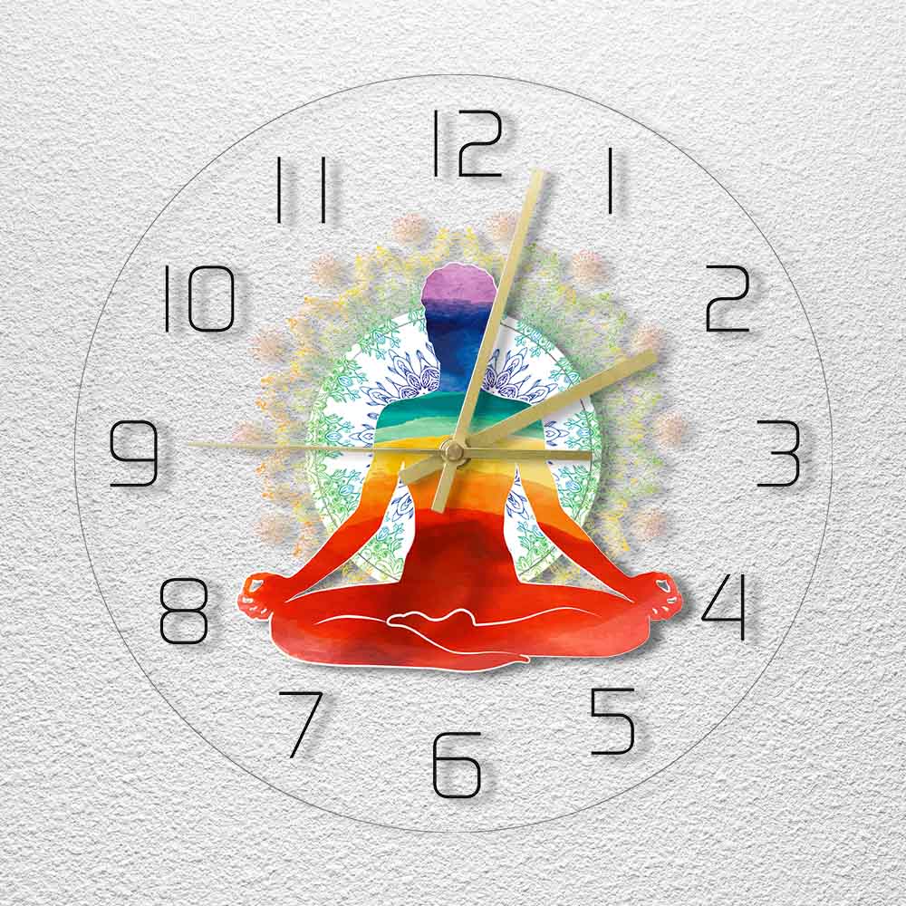 Rainbow Watercolor Meditation Spiritual Yoga Pose Modern Simple Wall Clock Healthy Zen Scale Round Style Non -Ticking Wall Clock by Woody Signs Co. - Handmade Crafted Unique Wooden Creative