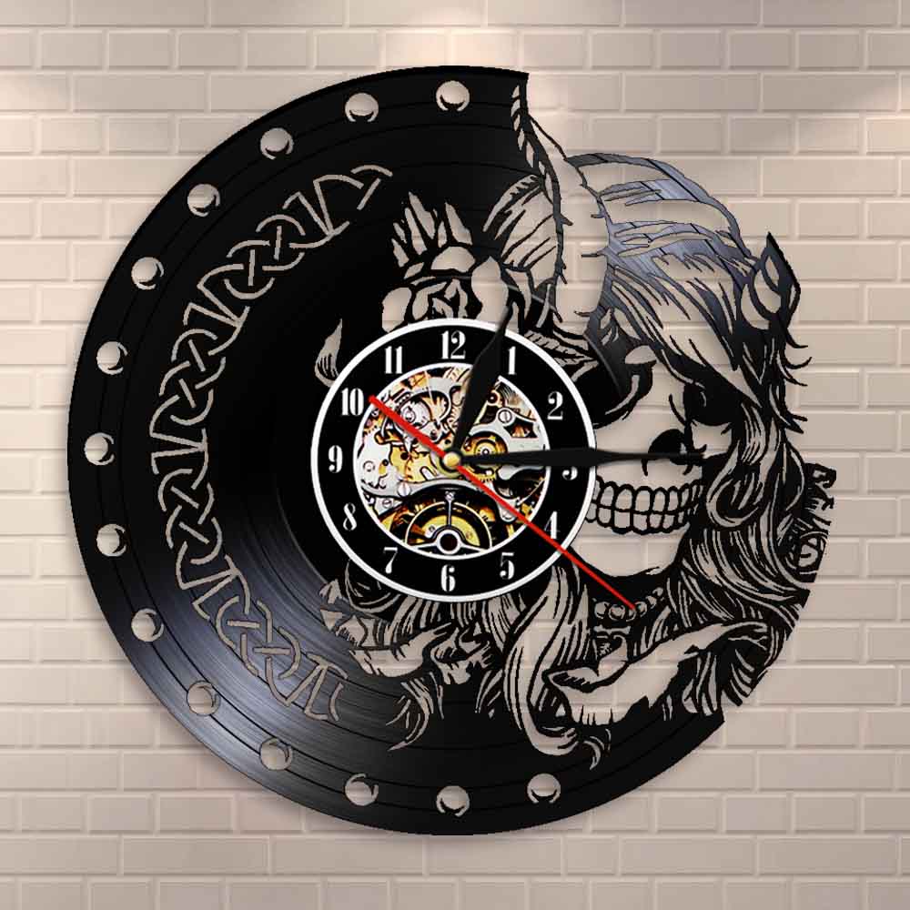 Mysterious Norse Magick Vinyl Record Mute Quartz Wall Clock Beauty Female Viking Skull Head Skeleton Girls Retro Hanging Watch by Woody Signs Co. - Handmade Crafted Unique Wooden Creative