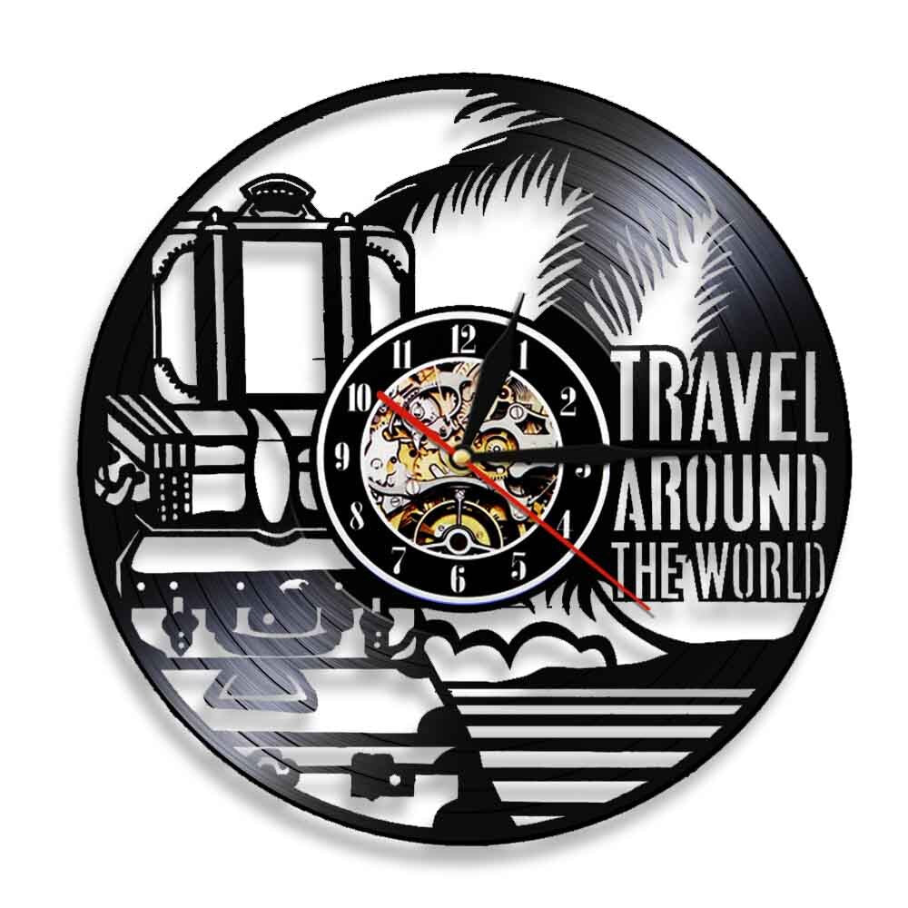 Travel Around The World Vacation Tourism Wall Clock Travel Doodles Vinyl Record Wall Clock Travel Planner by Woody Signs Co. - Handmade Crafted Unique Wooden Creative