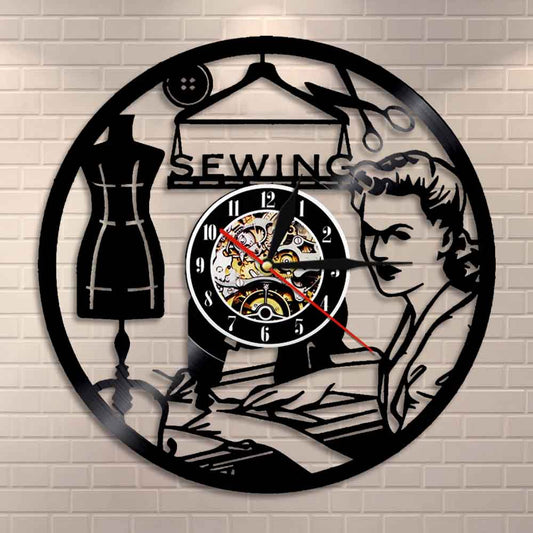 Retro Sewing Machine Wall Clock Quilting Vinyl Disc Record Clock Quilter Gift for Women Handmade Fahshion Store  Decor by Woody Signs Co. - Handmade Crafted Unique Wooden Creative