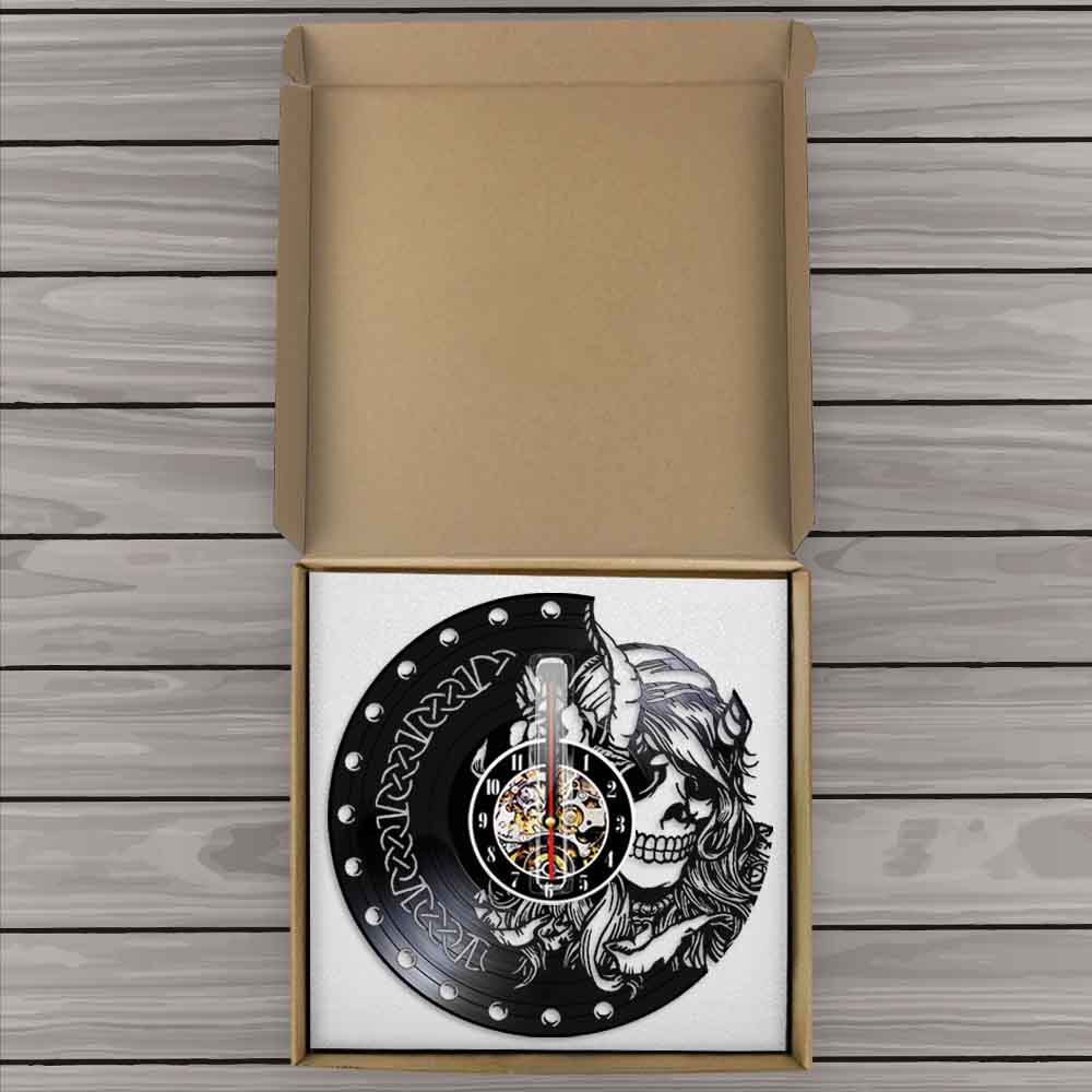 Mysterious Norse Magick Vinyl Record Mute Quartz Wall Clock Beauty Female Viking Skull Head Skeleton Girls Retro Hanging Watch by Woody Signs Co. - Handmade Crafted Unique Wooden Creative