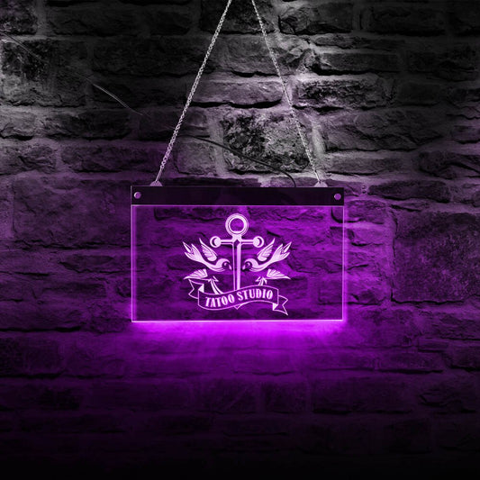 Anchor and Bird Temporary Tattoo LED Lighting Neon Sign Naval Ship Anchor Tattoo Studio LED Lighted Business Board Open Sign by Woody Signs Co. - Handmade Crafted Unique Wooden Creative