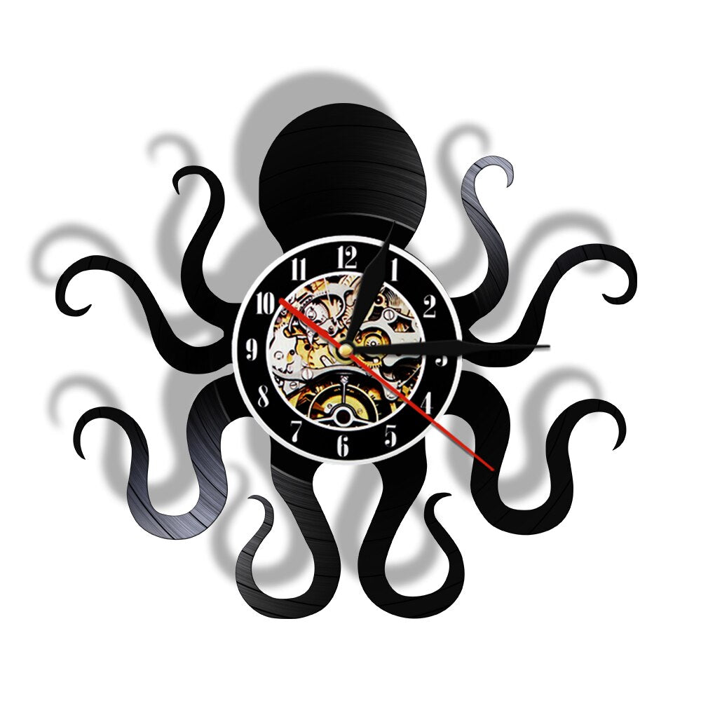 Retro Octopus Mollusk Vinyl Record Wall Clock With LED Backlight Kraken Octopus Ocean Animal LED Night Light Modern Clock Watch by Woody Signs Co. - Handmade Crafted Unique Wooden Creative