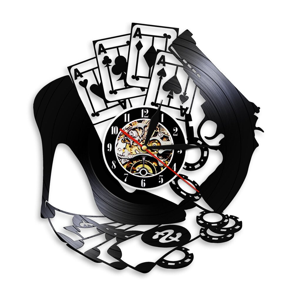 High Heel Gun Poker Gambling Winning Wall Clock Las Vegas Vinyl Record Wall Clock Poker Logo Wall Sign Chips 4 Aces by Woody Signs Co. - Handmade Crafted Unique Wooden Creative