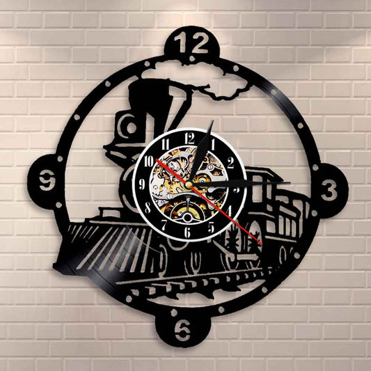 Steam Locomotive Train Wall Clock Vintage Steam Engine Vinyl Record Clock Train Locomotive  Train Enthusiast by Woody Signs Co. - Handmade Crafted Unique Wooden Creative