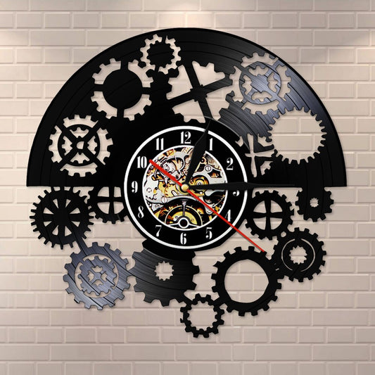 Gothic Steampunk Vinyl Record Wall Clock Gears Black Vinyl Record LP  Vintage  Tribal Machine Clock Timekeeper by Woody Signs Co. - Handmade Crafted Unique Wooden Creative