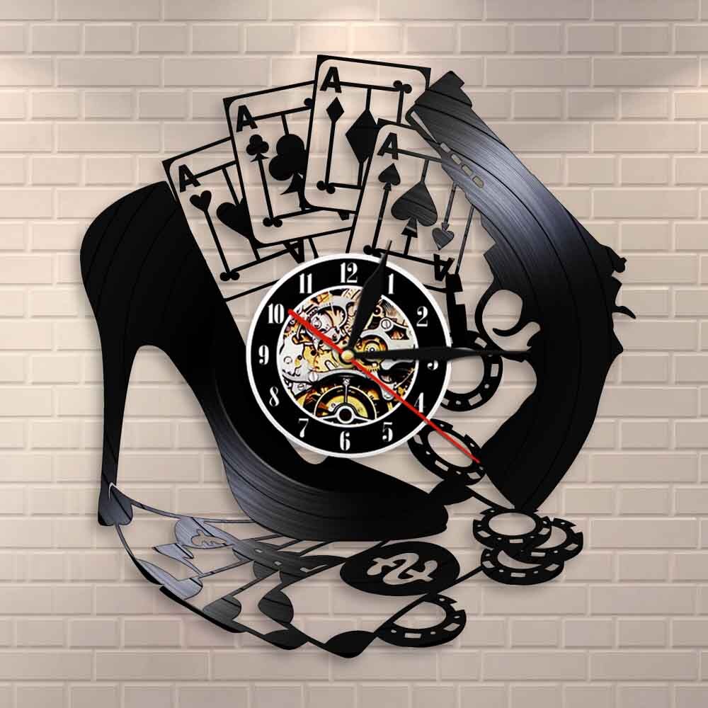 High Heel Gun Poker Gambling Winning Wall Clock Las Vegas Vinyl Record Wall Clock Poker Logo Wall Sign Chips 4 Aces by Woody Signs Co. - Handmade Crafted Unique Wooden Creative