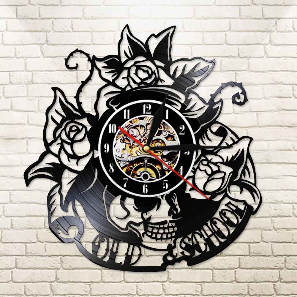 Tattoo Skull with Rose Vinyl Record Wall Clock Skeleton Skull Thorn Roses Silent Quartz  Gothic Home Art by Woody Signs Co. - Handmade Crafted Unique Wooden Creative