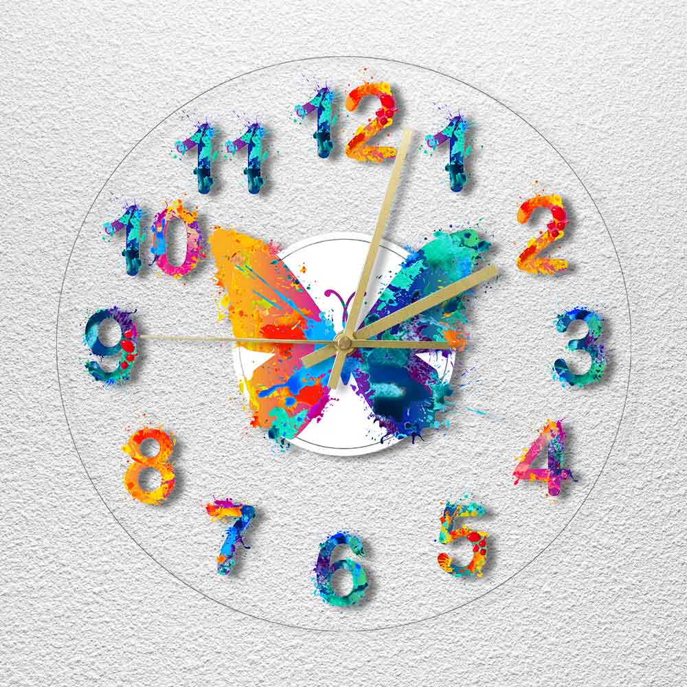 Colorful Numbers Modern Wall Clock Watercolor Butterfly Painting Art Hanging Timepiece Giclee Fine Art Print Silent Wall Clock by Woody Signs Co. - Handmade Crafted Unique Wooden Creative