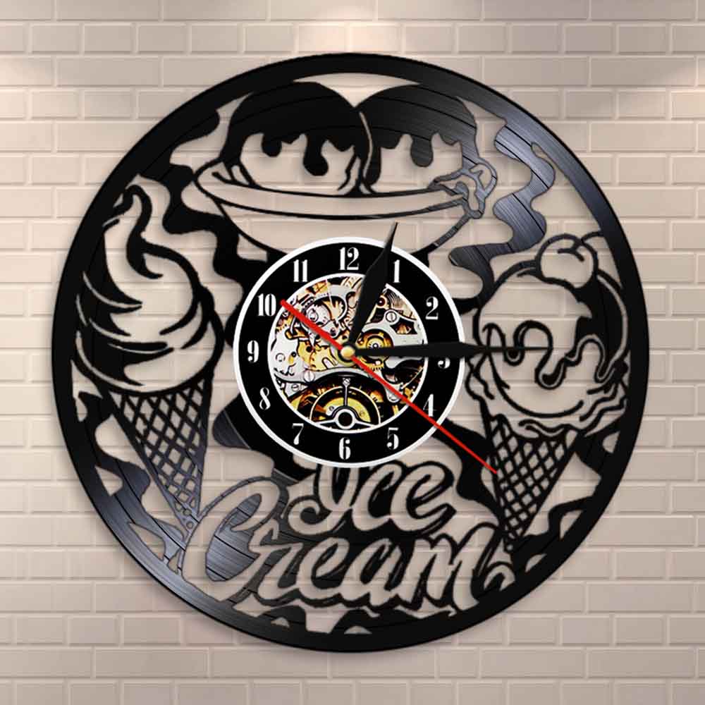 Ice Cream Shop Business Sign Wall Clock Kitchen Decoration Modern Design Ice Cream Cone Dessert Vintage Vinyl Record Wall Clock by Woody Signs Co. - Handmade Crafted Unique Wooden Creative