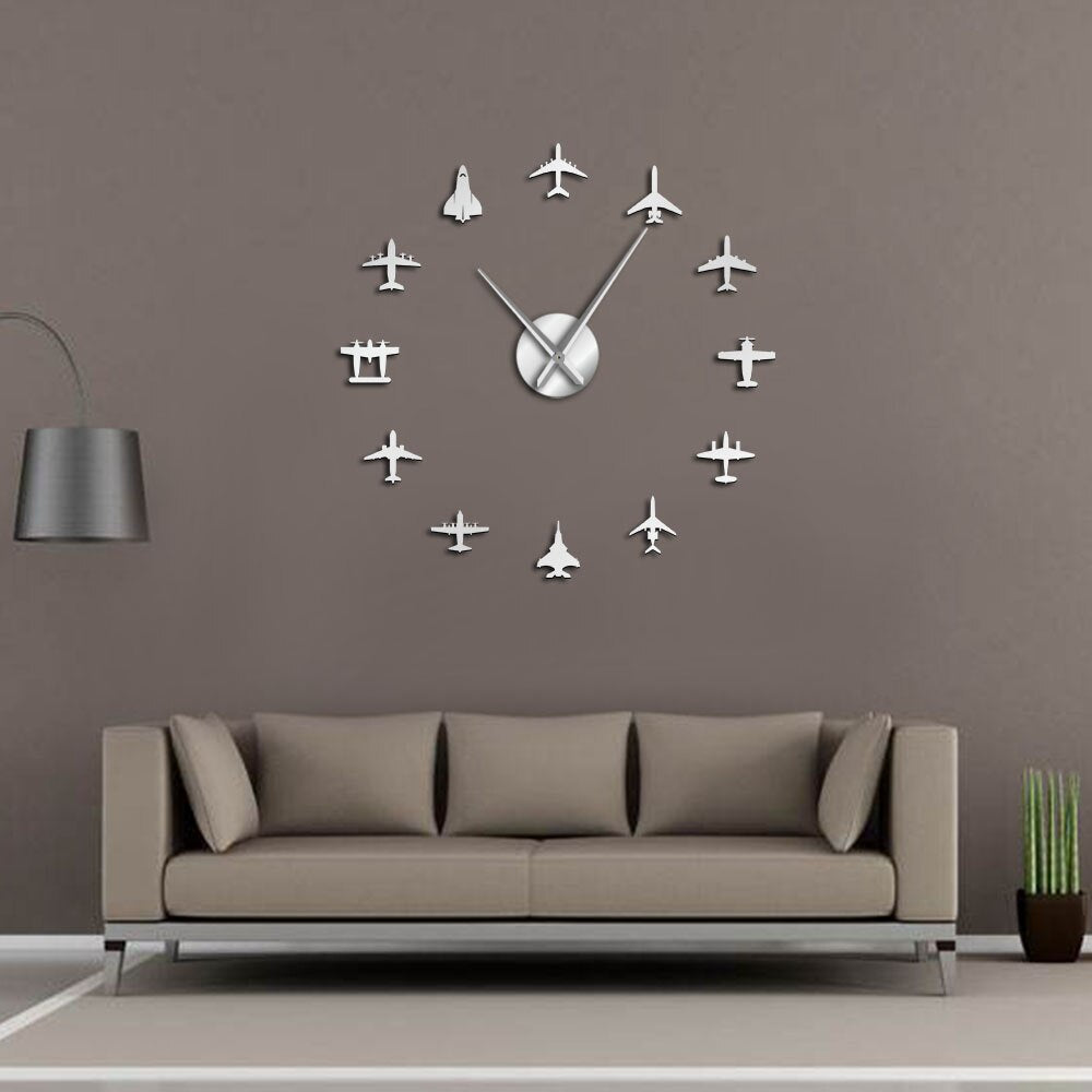 Flying Plane Fighter Jet Modern Large Wall Clock DIY Acrylic Mirror Effect Sticker Airplane Silent Wall Clock Aviator by Woody Signs Co. - Handmade Crafted Unique Wooden Creative